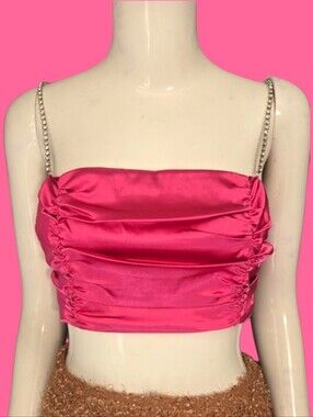 Rhinestone-Strap Hot Pink Satin Ruched Crop Top